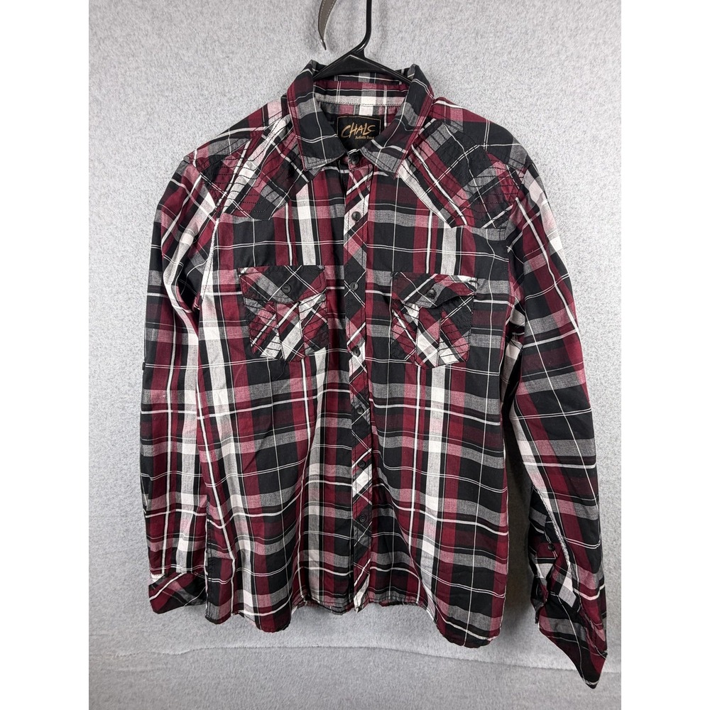 Chals Shirt Mens Large‎ Red Black Plaid Button Up Long Sleeve Western Casual